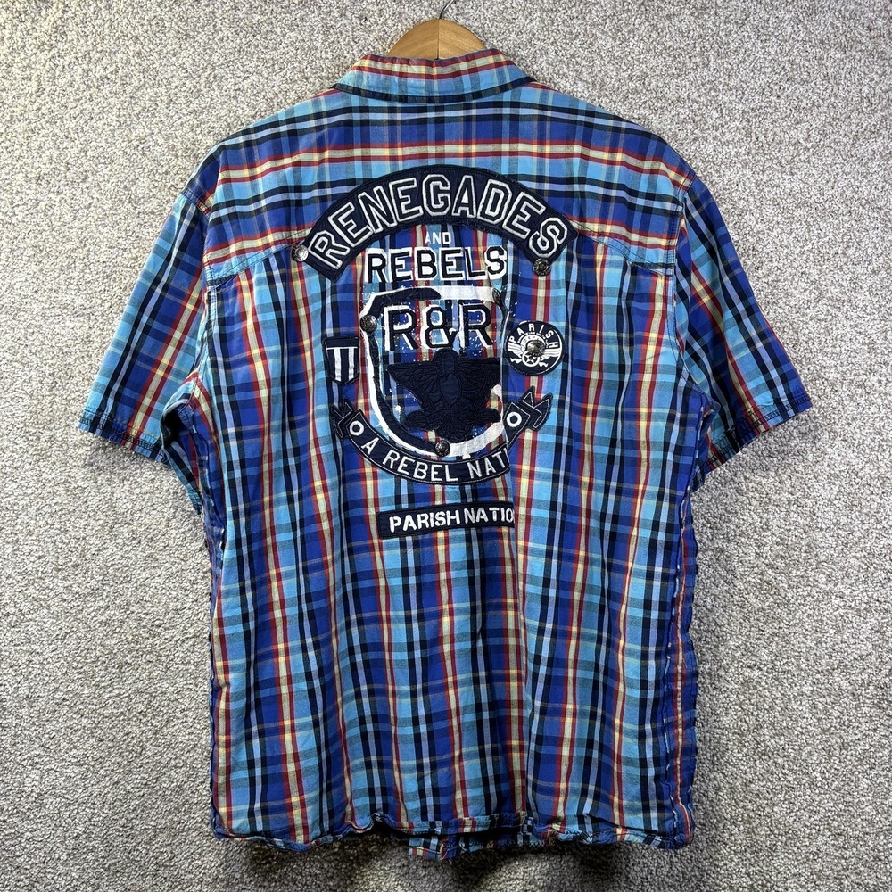 Parish Nation Shirt Mens 2XL Blue Plaid Embroidered Graphic‎ Button Up Casual